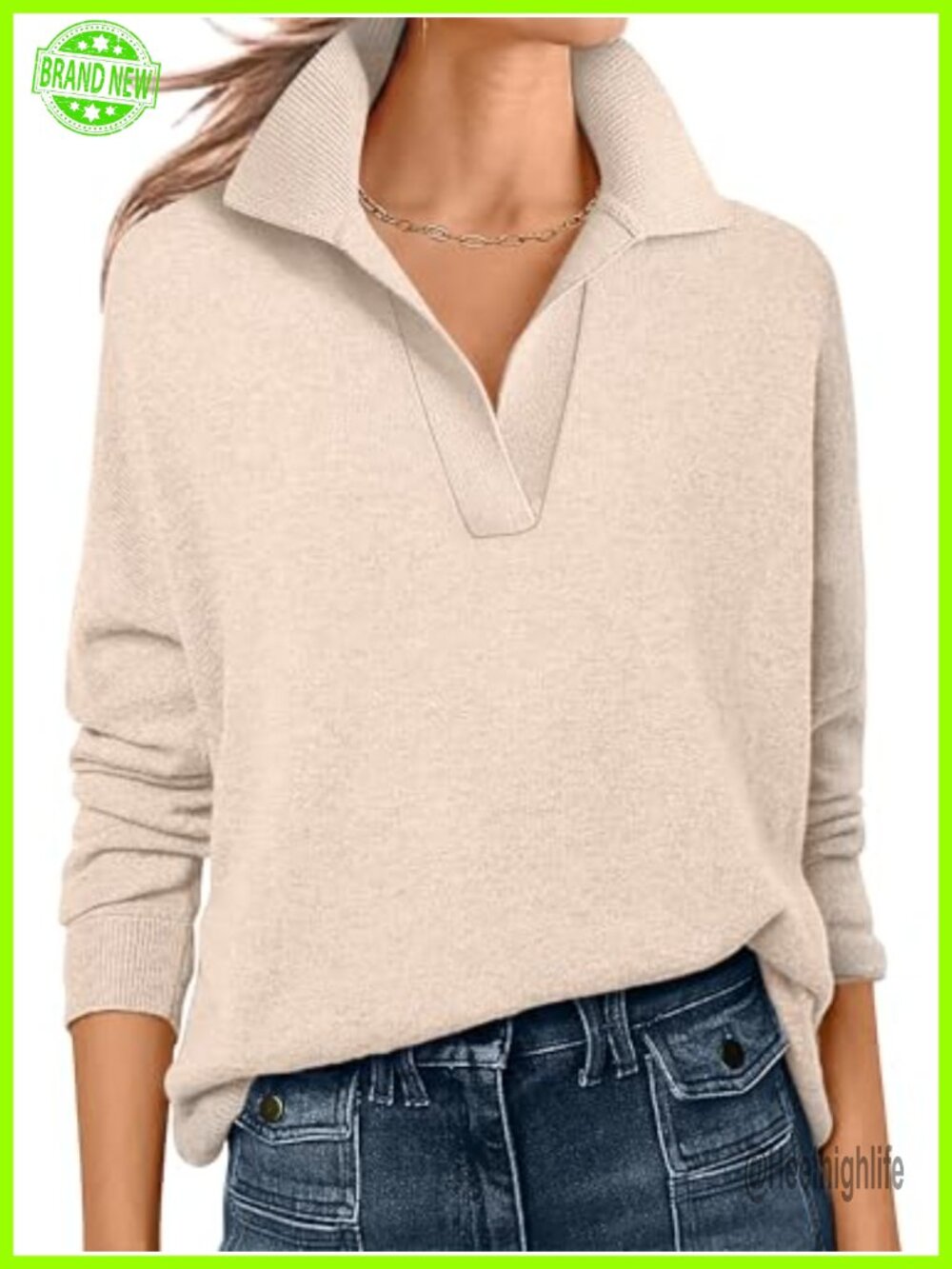 Women's Polo V Neck Lightweight Fall Sweater Long Sleeve Pullover